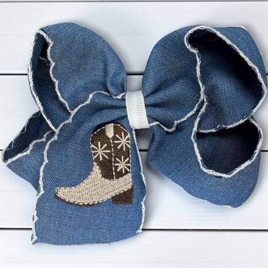 Western boot embroidered hair bow with  moon stitch.