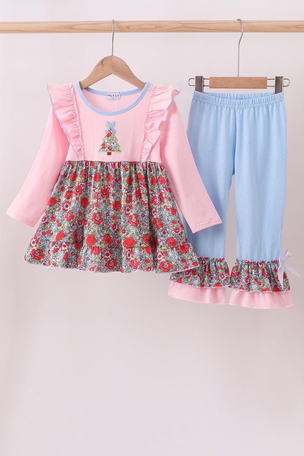Pink Christmas tree applique ruffle dress set