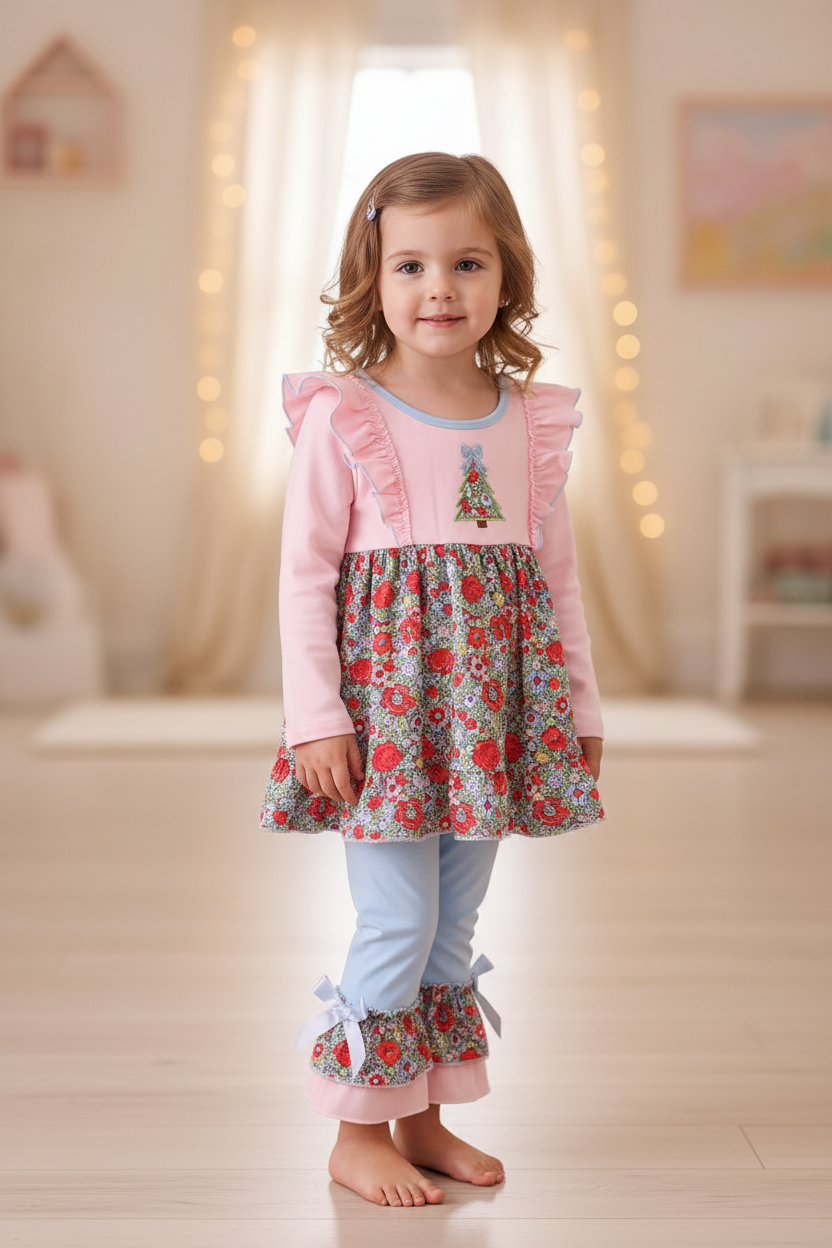 Pink Christmas tree applique ruffle dress set