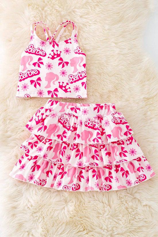 Barb*e top & skort with 3 layer ruffle hem