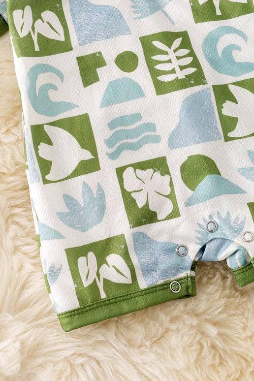 Multi-printed tropical green and blue checker boys baby romper