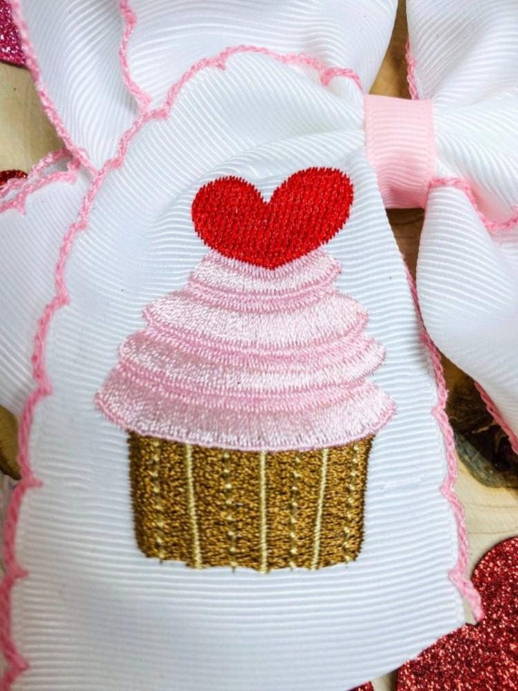 Cupcake Embroidered Moonstitch Hair Bow