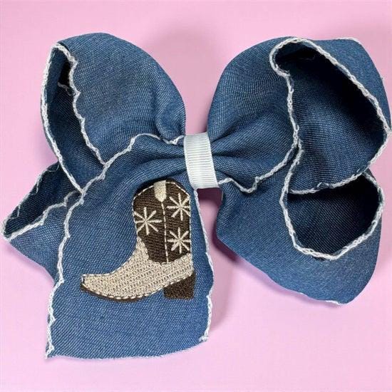 Western boot embroidered hair bow with  moon stitch.
