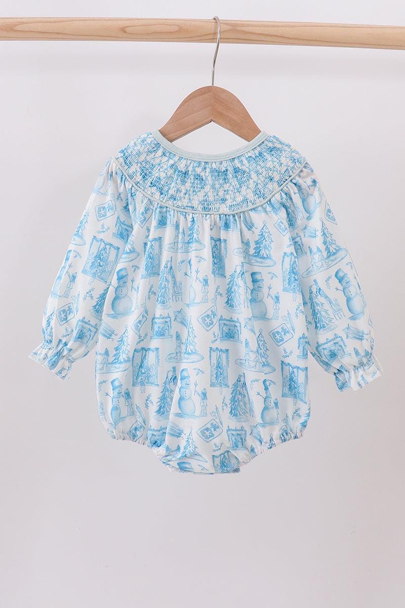 Blue snowman Christmas tree smocked bubble