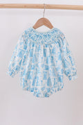 Blue snowman Christmas tree smocked bubble