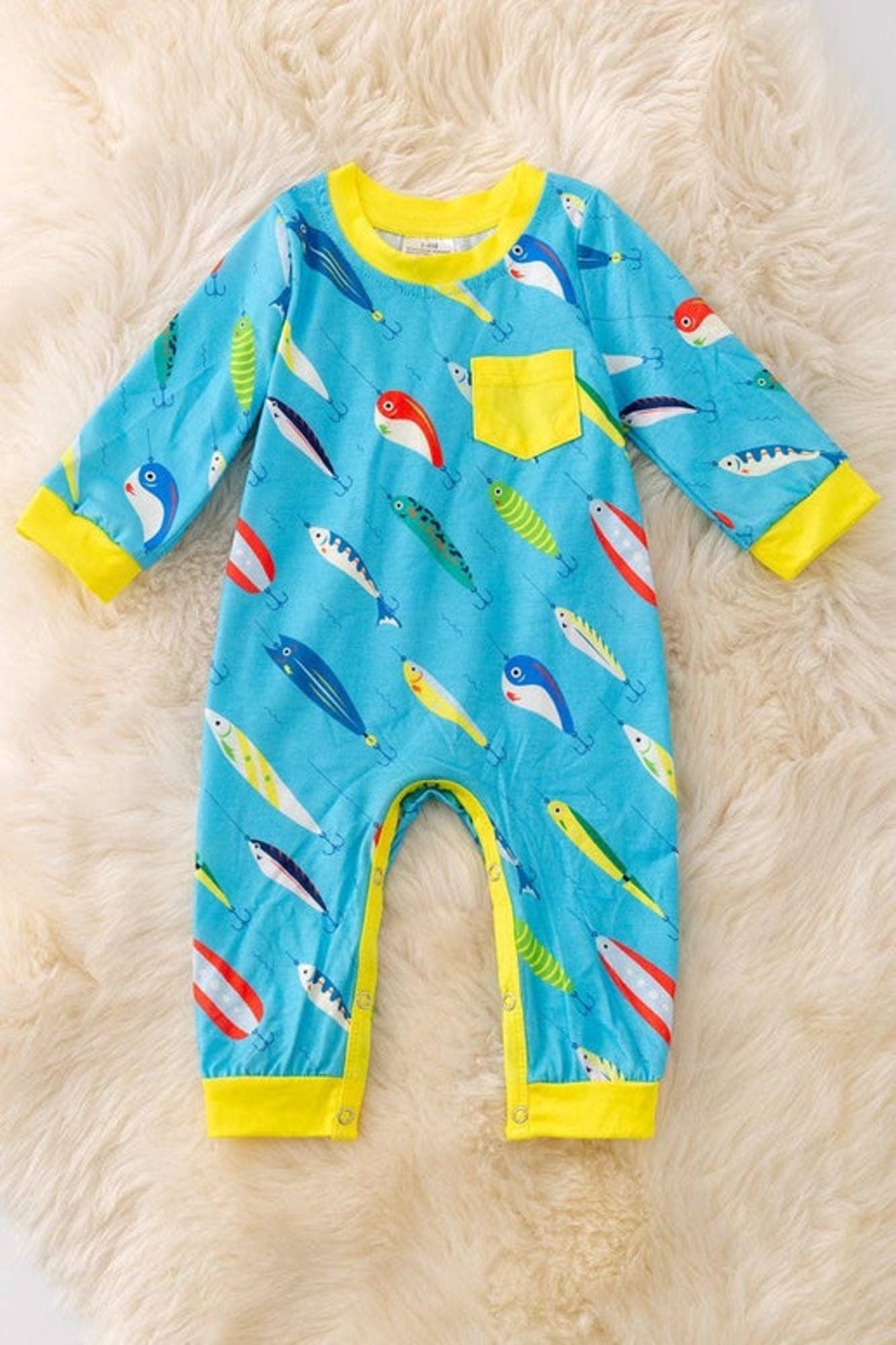 Turquoise fishing printed bodysuit with snaps