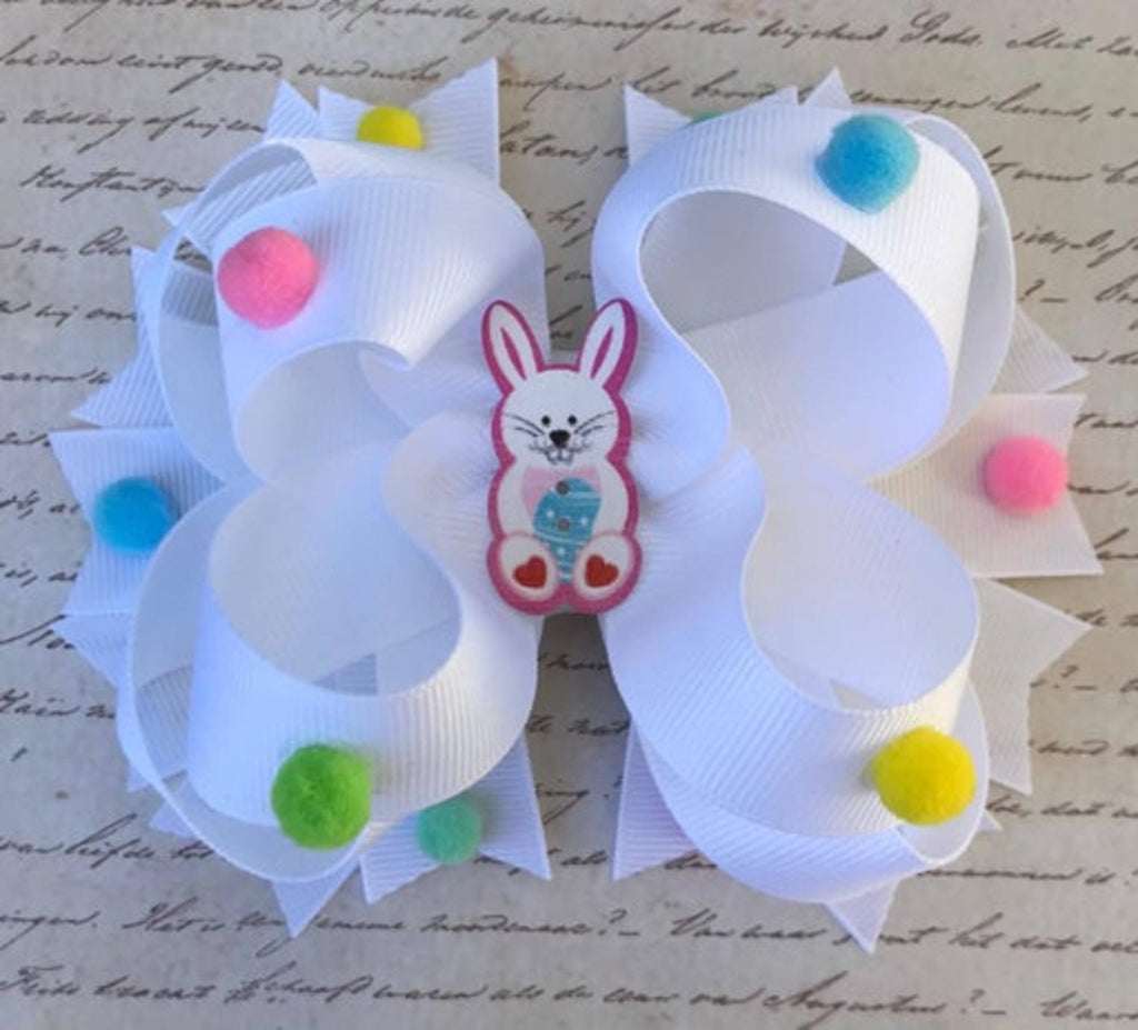 Handmade Easter Bunny Pom Pom Hair Bow for Girls