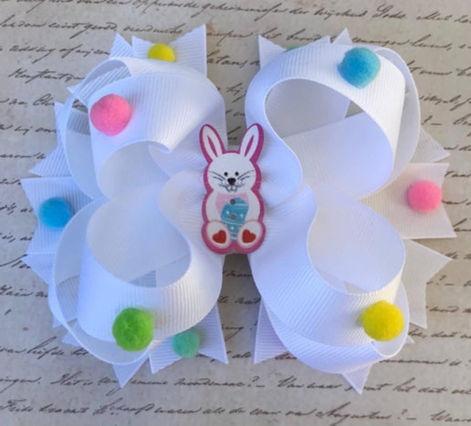 Handmade Easter Bunny Pom Pom Hair Bow for Girls