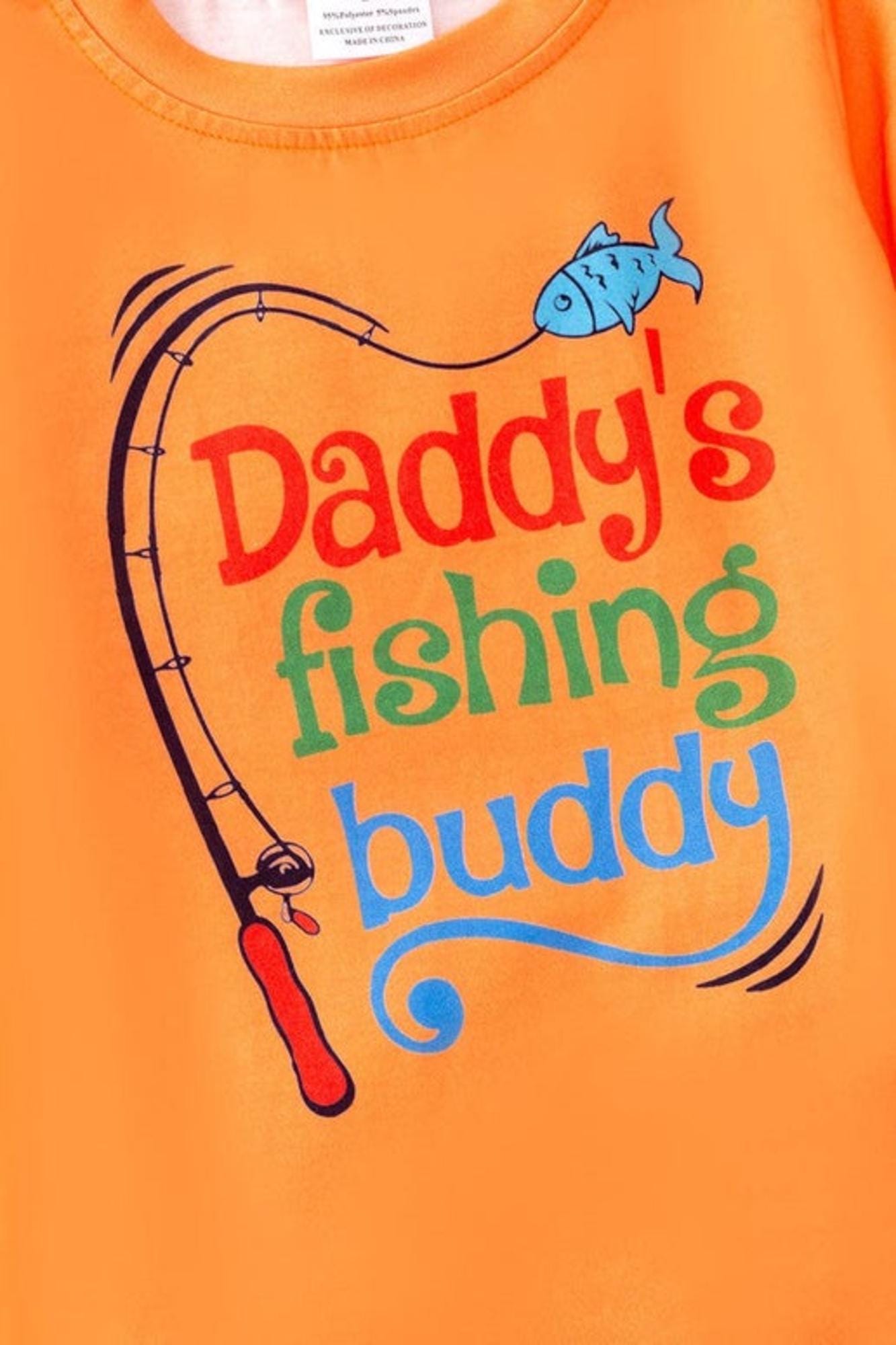 Daddy's Fishing buddy" Orange tee & fish printed shorts.