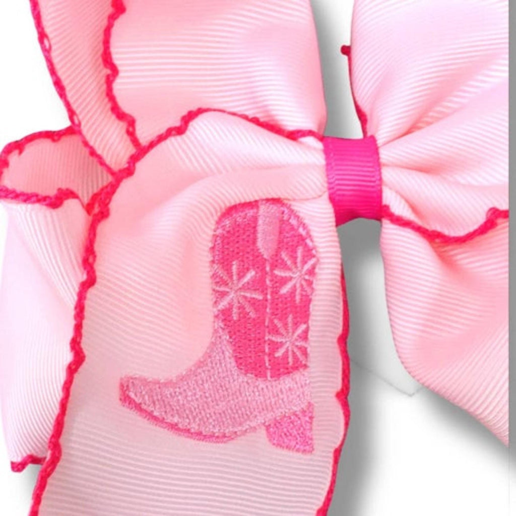 Western boot embroidered hair bow with  moon stitch.