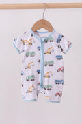 Blue car print bamboo romper