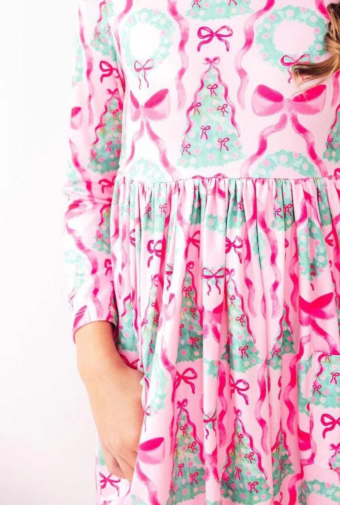 Jingle Bows Long Sleeve Pocket Twirl Dress