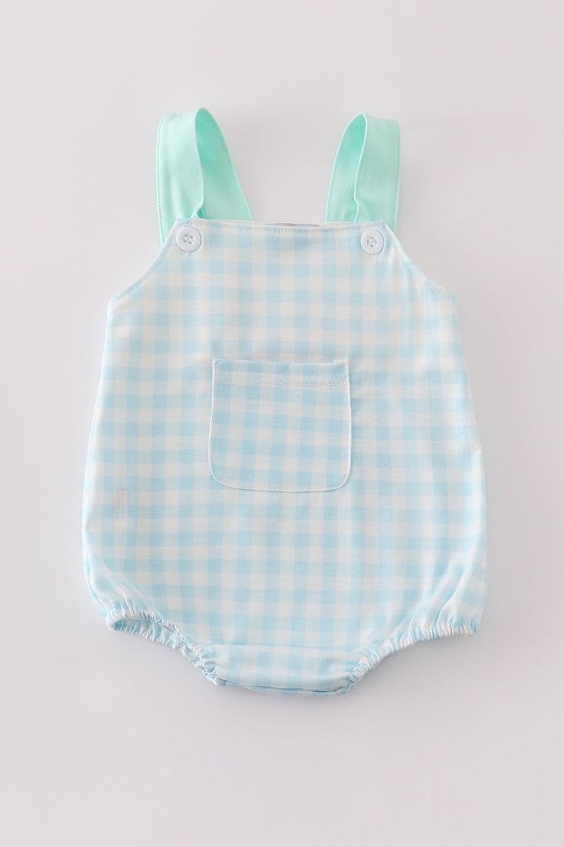Blue gingham boy bubble romper