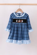 Navy nativity embroidery plaid ruffle dress