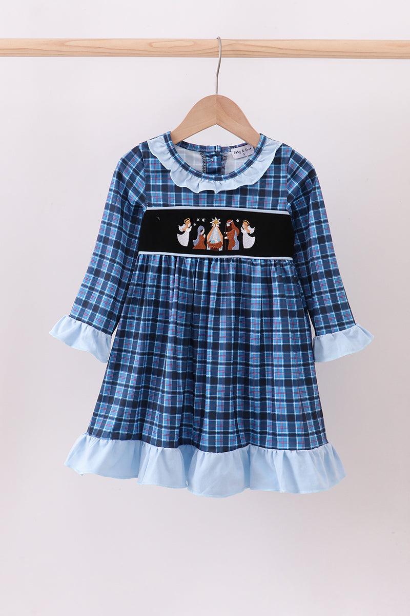 Navy nativity embroidery plaid bubble