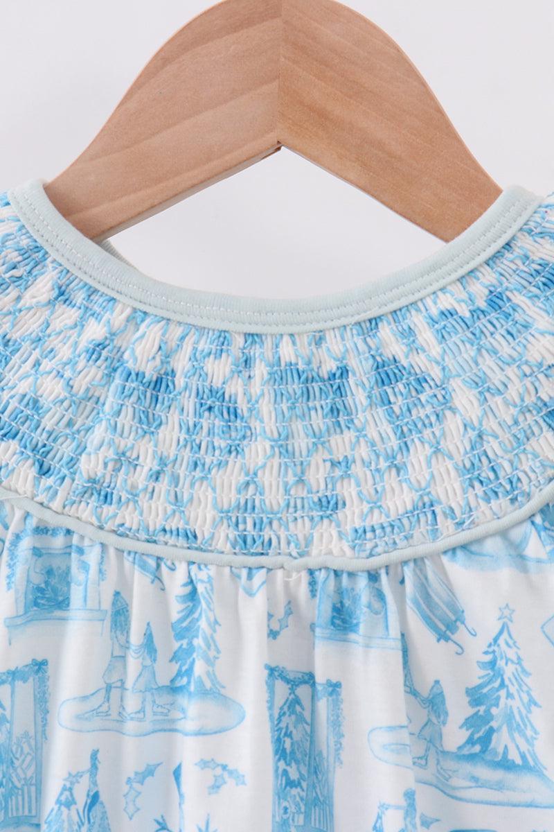 Blue snowman Christmas tree smocked bubble
