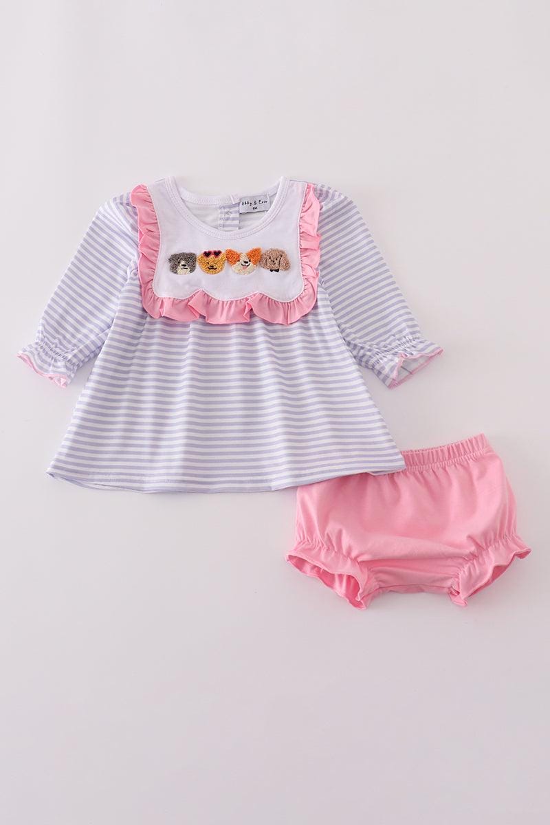 Purple puppy french knot stripe bloomer set