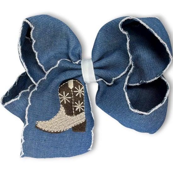 Western boot embroidered hair bow with  moon stitch.