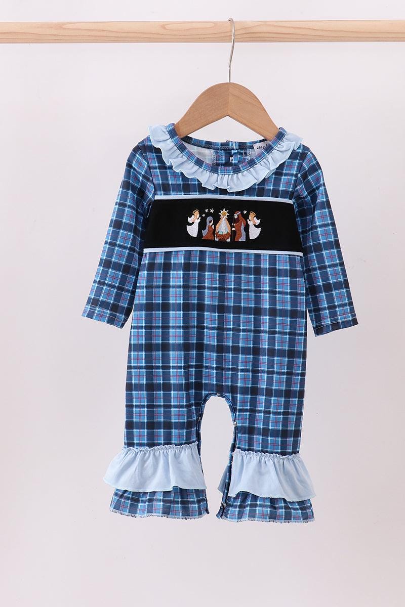 Navy nativity embroidery plaid bubble