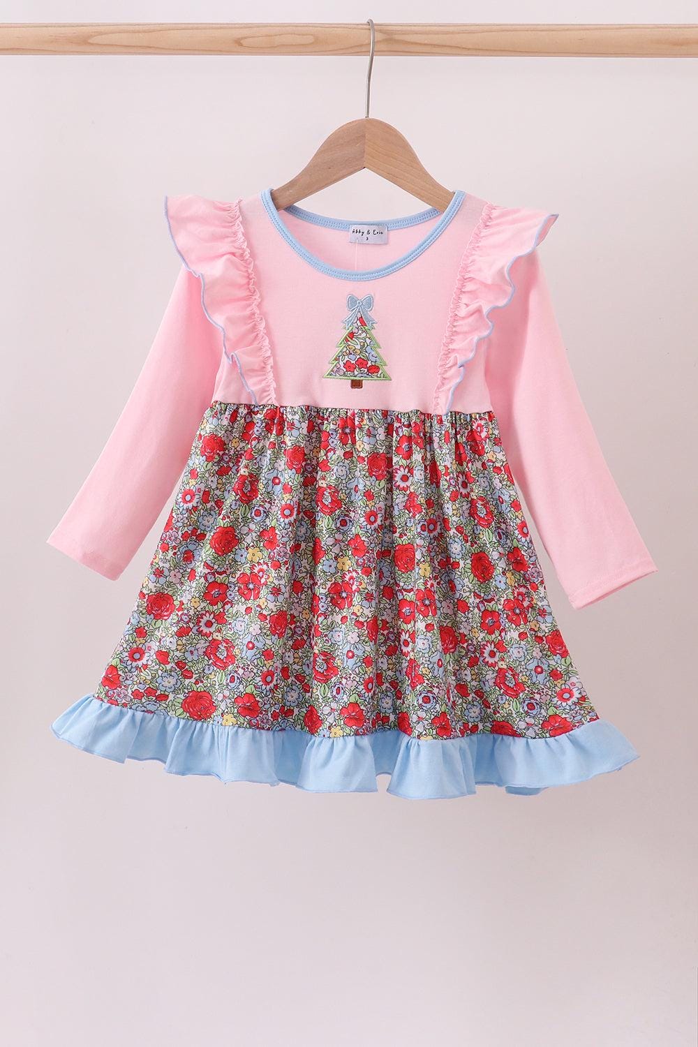 Pink Christmas tree applique ruffle dress