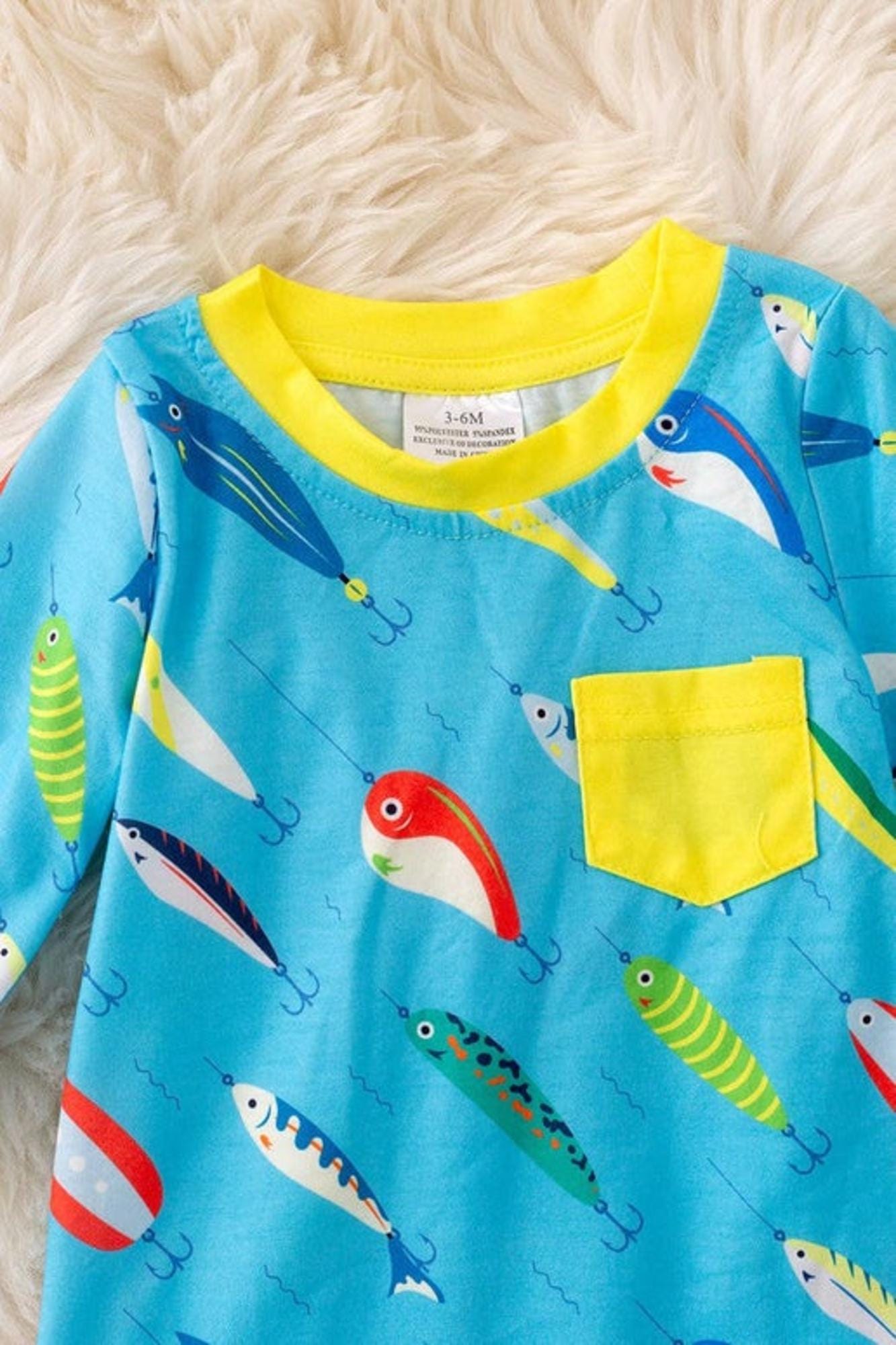 Turquoise fishing printed bodysuit with snaps