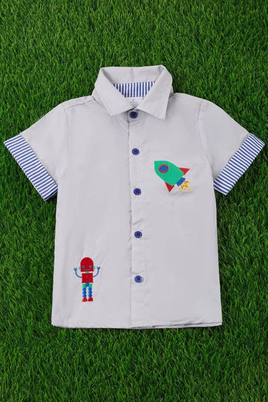 Rocket Robot Embroidered Button Up Shirt