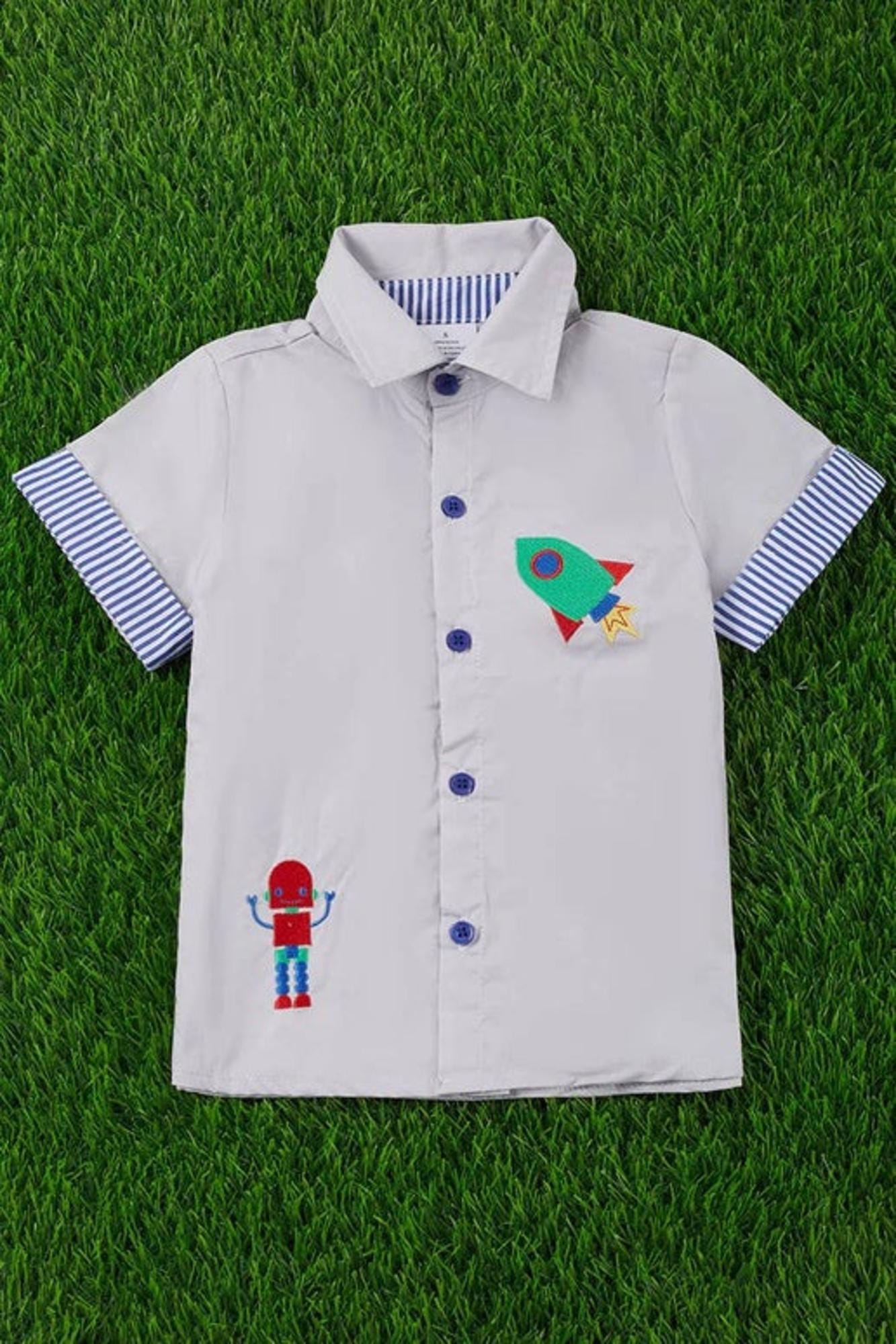 Rocket Robot Embroidered Button Up Shirt