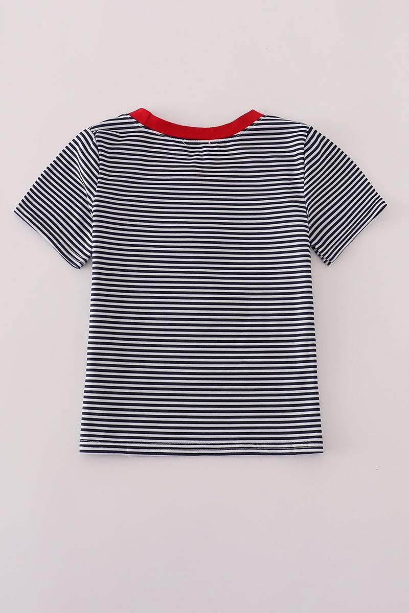 Navy stripe racing car embroidery top