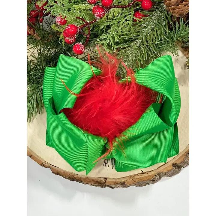 Green & Red Feather Puff Hair Bow - Alligator Clip - 6"