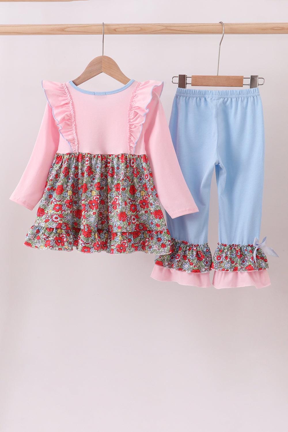 Pink Christmas tree applique ruffle dress set