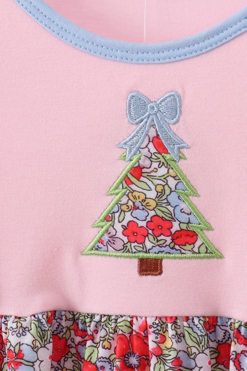 Pink Christmas tree applique ruffle dress