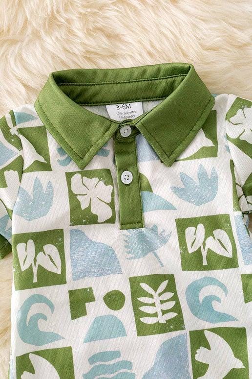 Multi-printed tropical green and blue checker boys baby romper