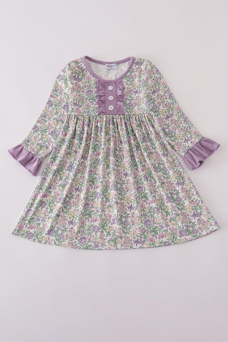 Purple floral print ruffle dress