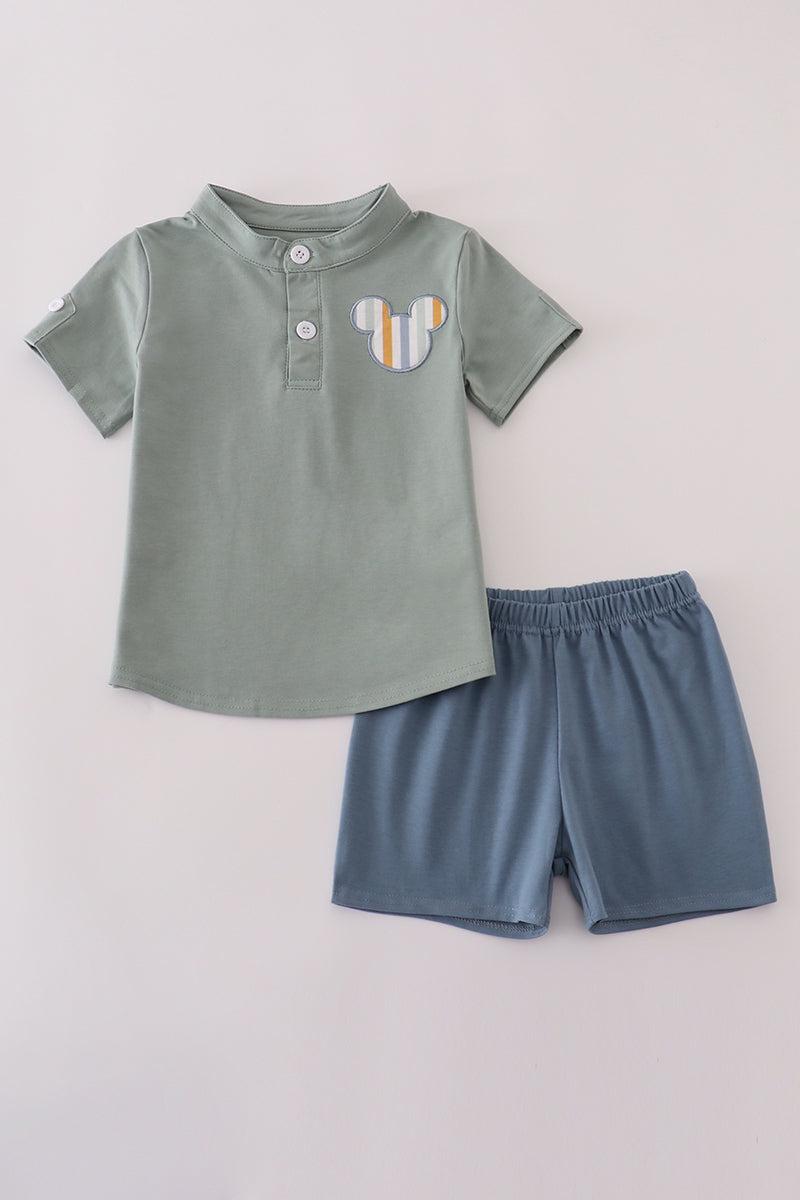 Green Mickey Mouse character applique shorts set