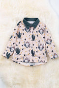 Boys bull skull printed on ivory button up shirt.