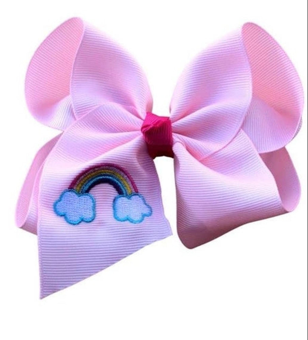 Pink Rainbow Embroidered Hair Bow