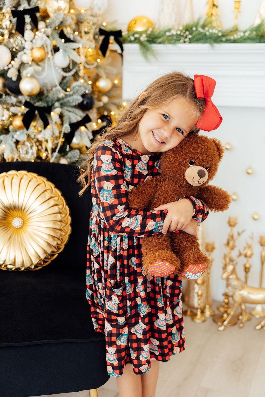 Christmas Bears Long Sleeve Pocket Twirl Dress