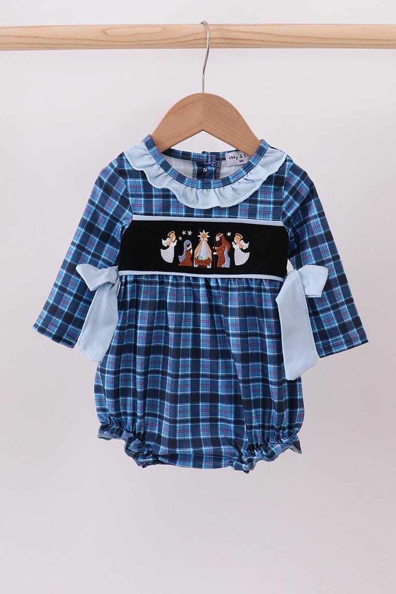 Navy nativity embroidery plaid bubble