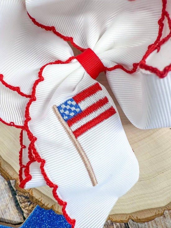 American Flag Embroidered Moonstitch Hair Bow