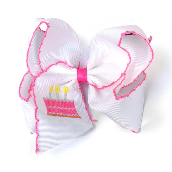5" Birthday cake embroidered hair bow with moon stitch trim