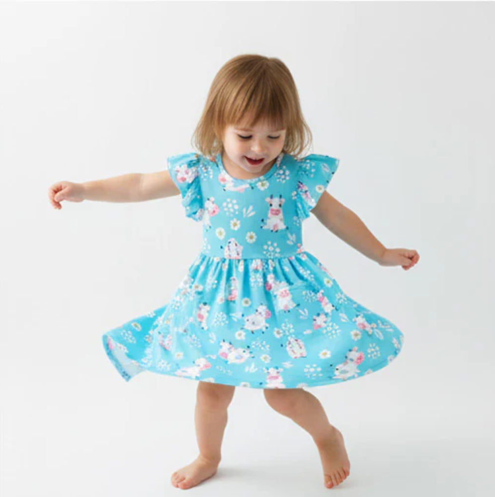 Blue Cow Flutter Sleeve Dress