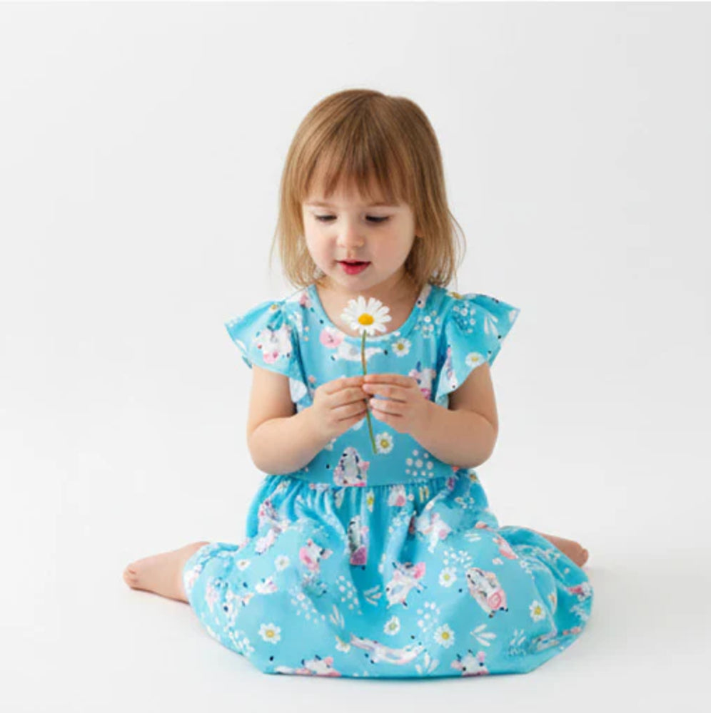 Blue Cow Flutter Sleeve Dress