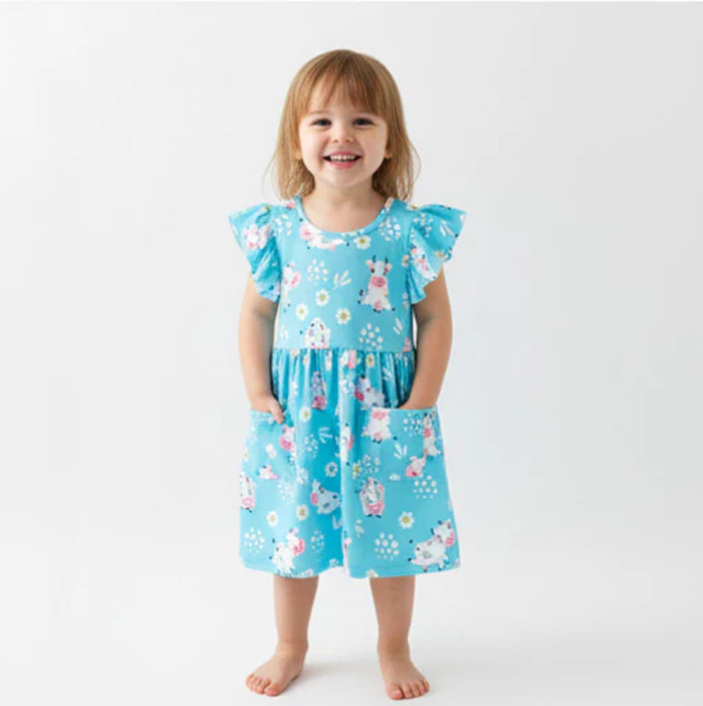 Blue Cow Flutter Sleeve Dress