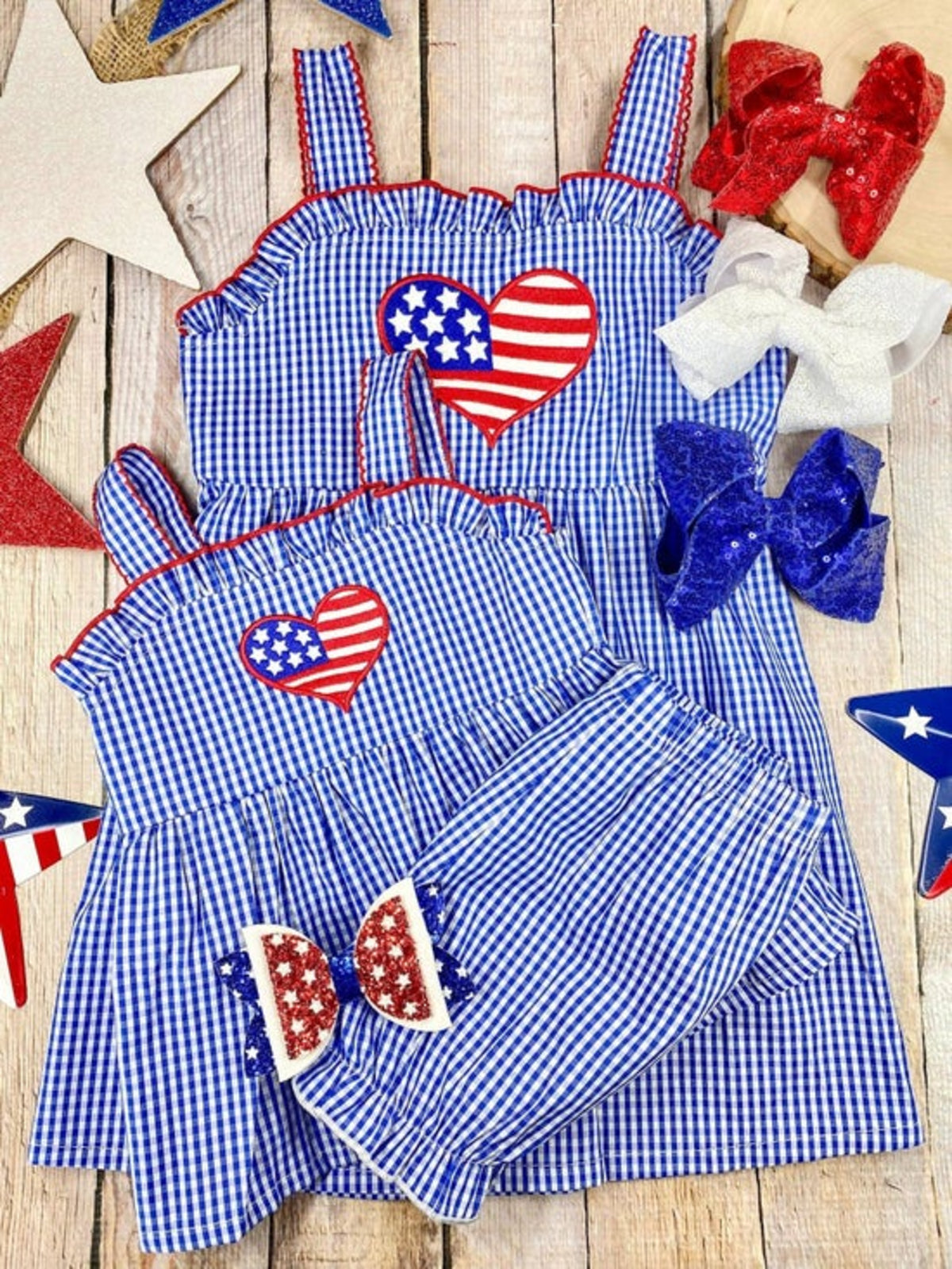 Blue Gingham American Heart Twirl Dress | Girls Patriotic Summer Dress