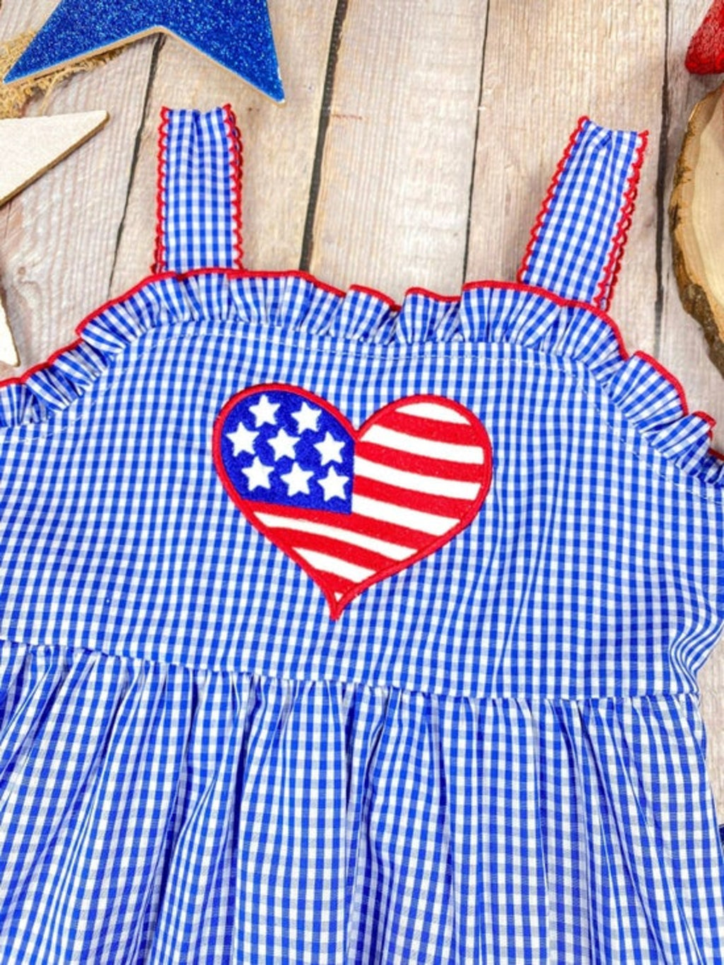 Blue Gingham American Heart Twirl Dress | Girls Patriotic Summer Dress