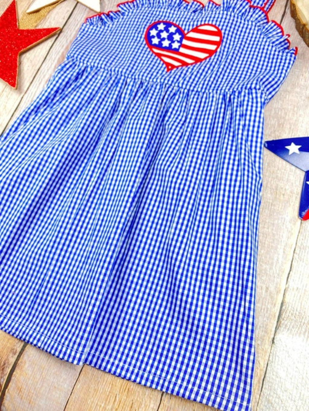 Blue Gingham American Heart Twirl Dress | Girls Patriotic Summer Dress