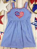 Blue Gingham American Heart Twirl Dress | Girls Patriotic Summer Dress