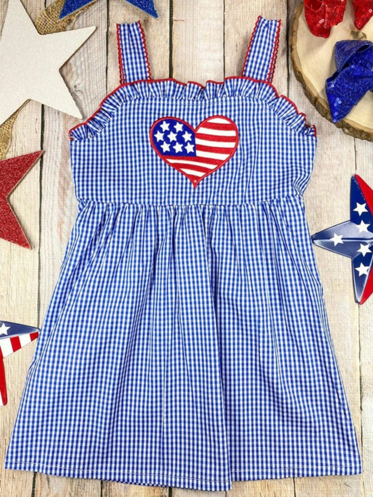 Blue Gingham American Heart Twirl Dress | Girls Patriotic Summer Dress