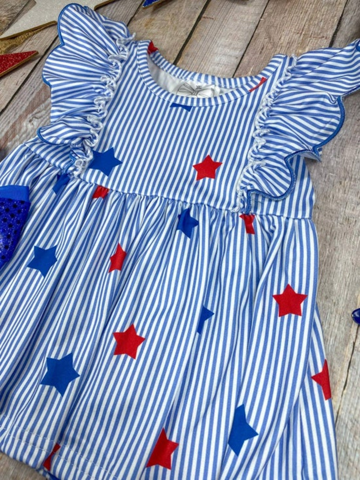 Blue Stripe Star Ruffle Shorts Set | Girls Patriotic Flutter Sleeve Outfit