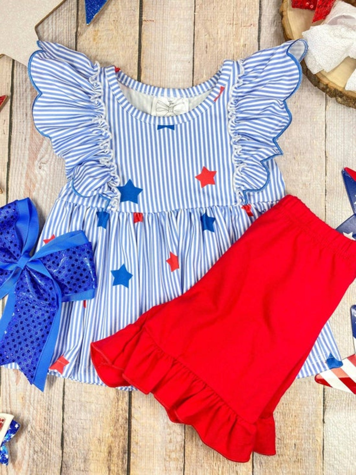 Blue Stripe Star Ruffle Shorts Set | Girls Patriotic Flutter Sleeve Outfit